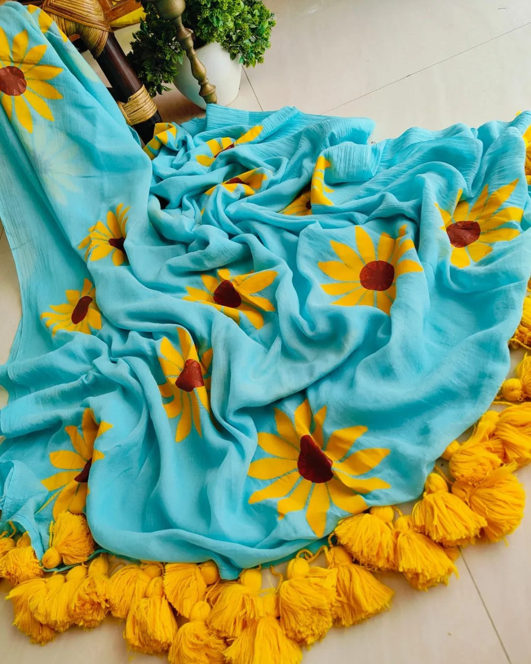 Sunflower Cindrella Tassel Mulmul (Saree)