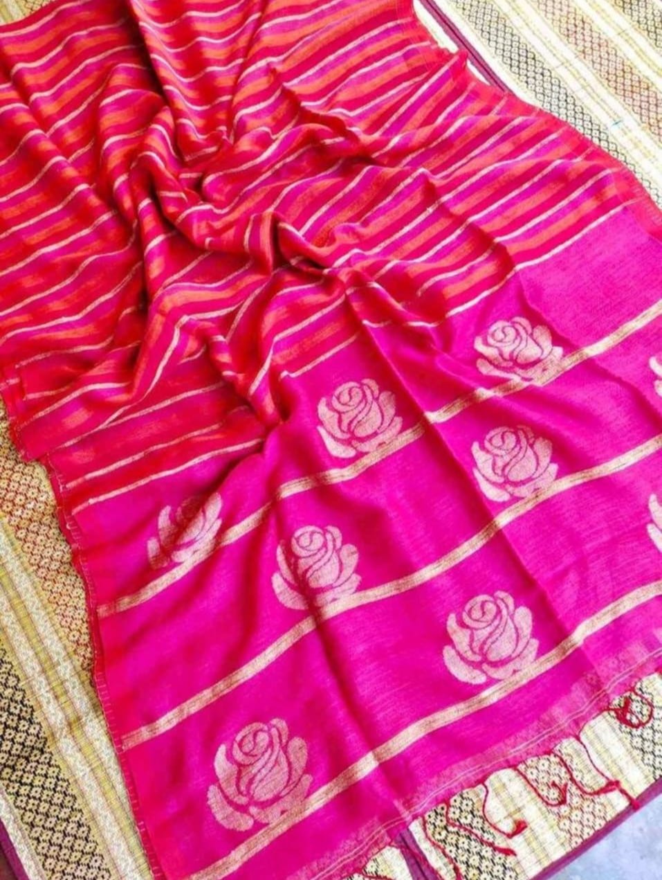 Rose and Stripe Linen (Saree)