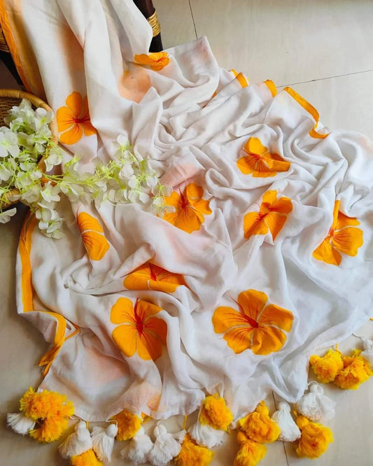 Handpainted Flower Mulmul (Saree)