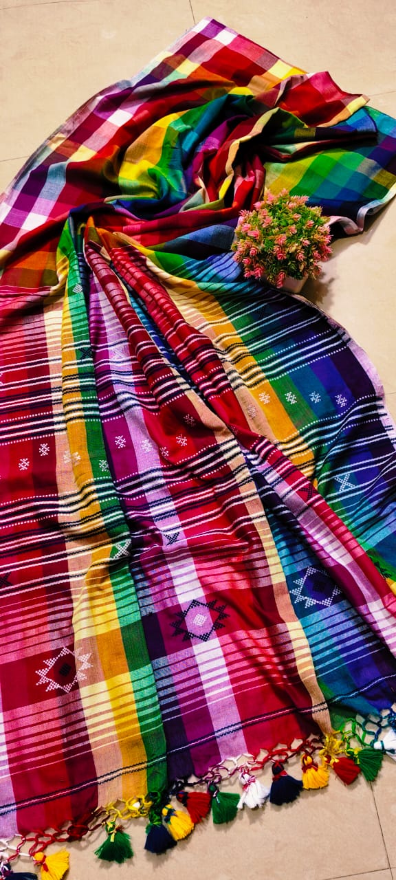 Rainbow Bhujodi Cotton Jamdani (Saree)