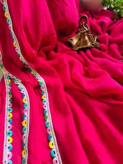 Designer Lace Cindrella Tassel Mulmul (Saree)