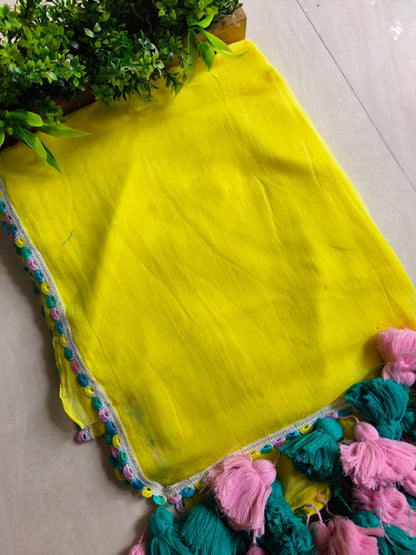 Designer Lace Cindrella Tassel Mulmul (Saree)