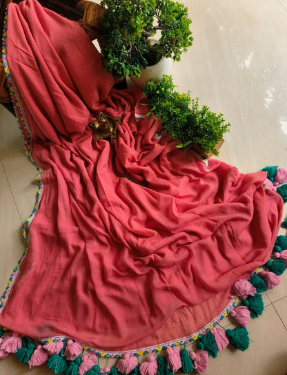 Designer Lace Cindrella Tassel Mulmul (Saree)