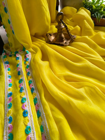 Designer Lace Cindrella Tassel Mulmul (Saree)