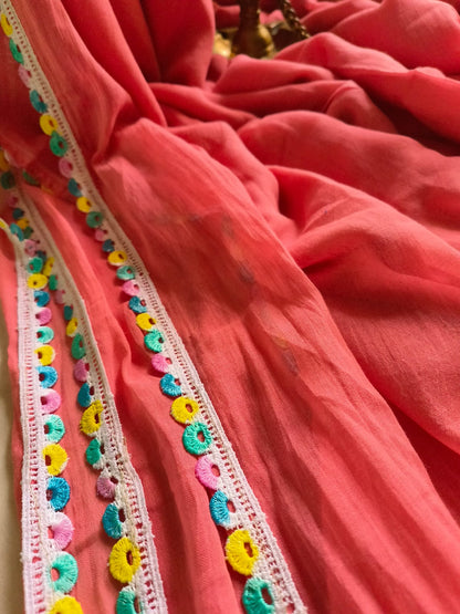 Designer Lace Cindrella Tassel Mulmul (Saree)