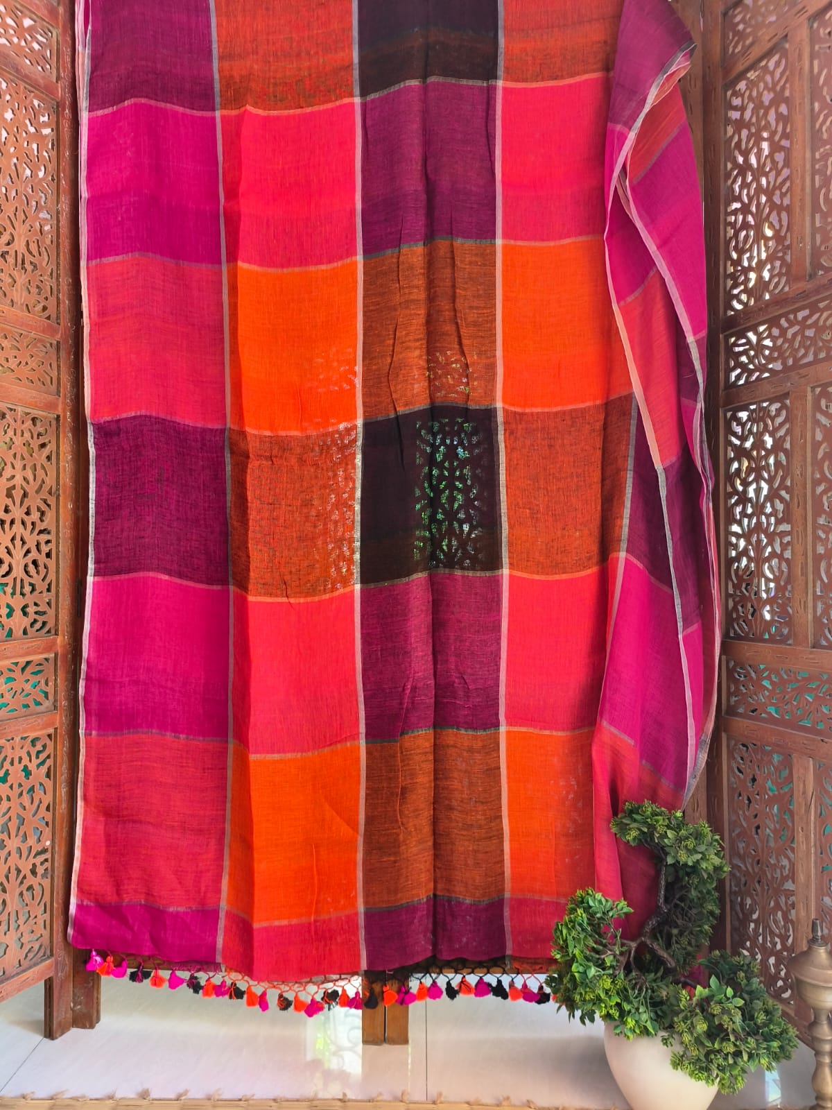 Rainbow Large Checkers Linen (Saree)