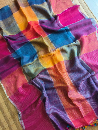 Rainbow Large Checkers Linen (Saree)